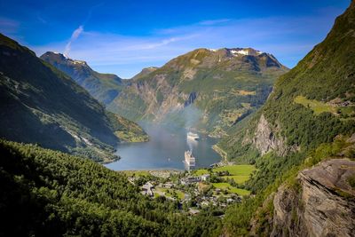 Scenic view of lake and mountains against sky