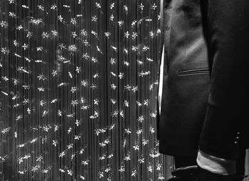 Midsection of man wearing suit standing by string lights