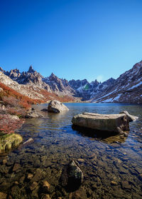 Scenic view of lake against clear blue sky