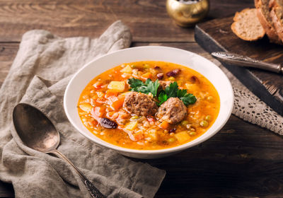 High angle view of soup in bowl on table