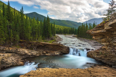 Scenic view of waterfall against sky