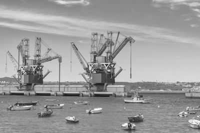 Crane in sea against sky