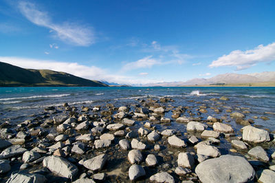 Panoramic view of lake tekapo and the mountain range in new zealand