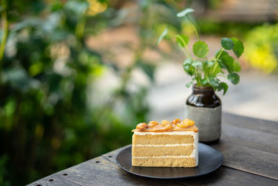 A slice of macadamia cake on the table with blurred background.