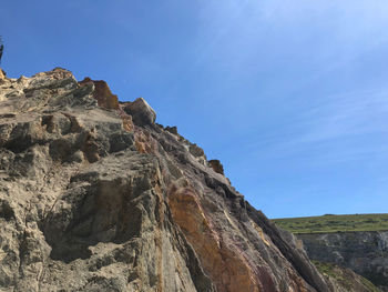 Low angle view of rocks against clear blue sky