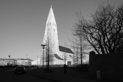 Low angle view of buildings against clear sky