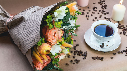 High angle view of coffee on table