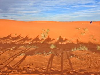 Shadow of people riding camels on sand at desert