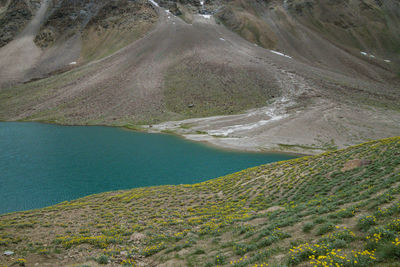 High angle view of lake and mountains