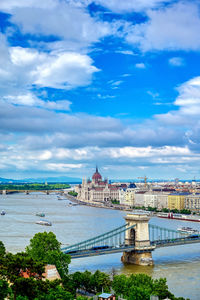 Bridge over river against buildings in city