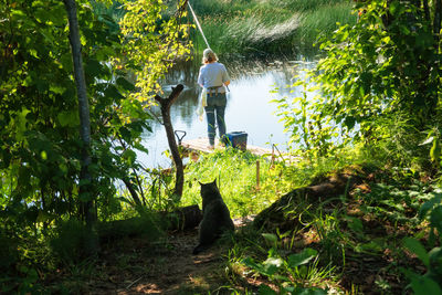 Man with arms raised amidst trees