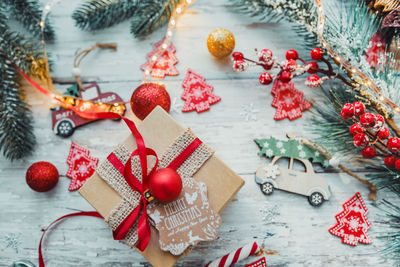 High angle view of christmas decoration on table