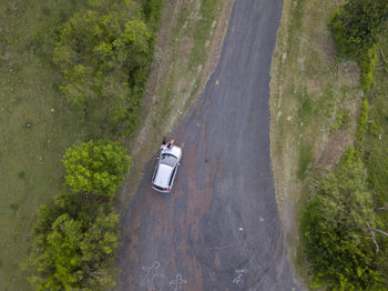 High angle view of road amidst trees