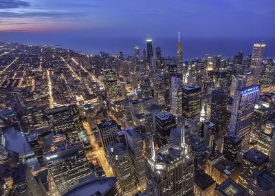 High angle view of city at night