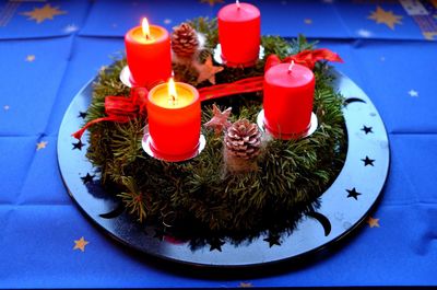 High angle view of christmas decorations on table