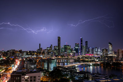 Lightning over buildings in city at night