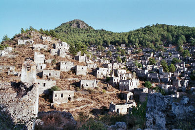 Buildings in town against clear sky