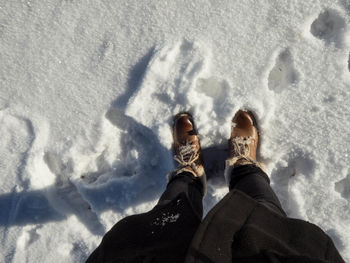 Low section of man standing on snow