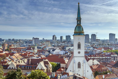 View of bratislava old town with st martin's cathedral from castle rock, slovakia