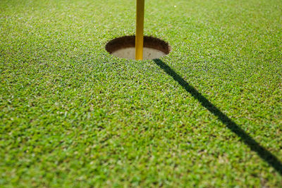 High angle view of golf ball on field