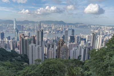 Aerial view of cityscape against cloudy sky