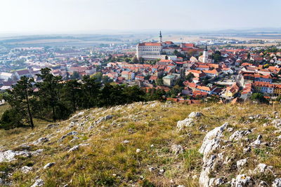 High angle shot of townscape against sky