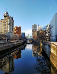 Reflection of buildings in city against clear sky