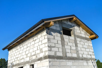 Low angle view of building against clear blue sky