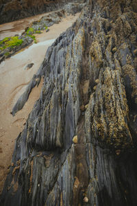 Close-up of water flowing through rock formation on beach 