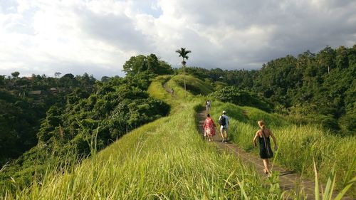 Rear view of people walking on pathway by grassy field against cloudy sky