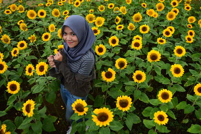 Low angle view of person on sunflower field