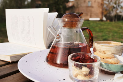 Close-up of coffee served on table