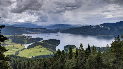 Scenic view of lake and mountains against sky