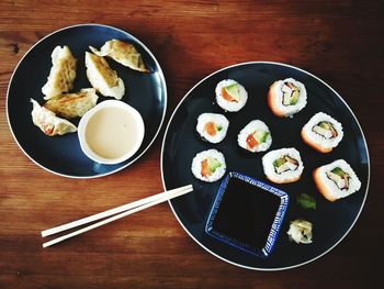 High angle view of meal served on table