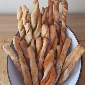 High angle view of bread in plate on table