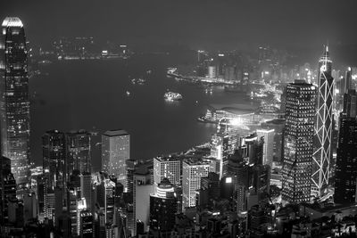 Aerial view of illuminated buildings in city at night