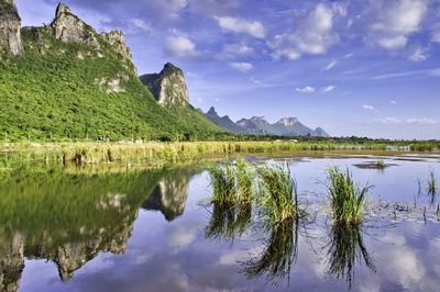 Scenic view of lake and mountains against sky