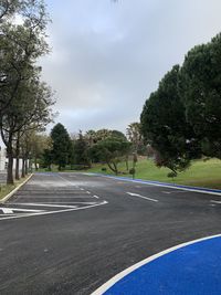 Empty road by trees against sky