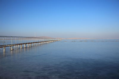 Scenic view of sea against clear blue sky