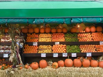 Pumpkins and produce for sale at local deli in upper west side, new york city.