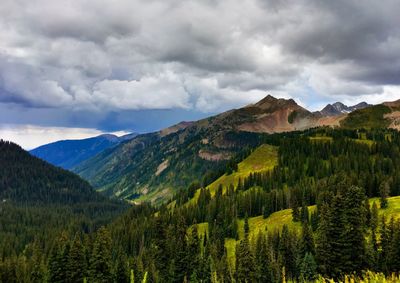 Scenic view of mountains against cloudy sky