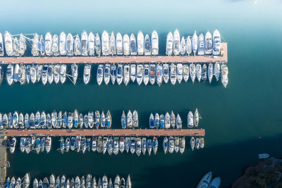 Drone shot over some boats and yachts in the french riviera, south of france, provence