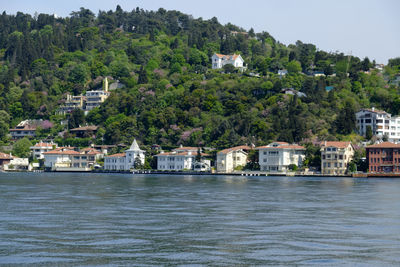 Scenic view of sea and houses against clear sky