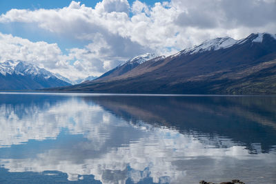 Scenic view of lake and mountains against sky