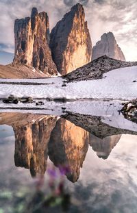 Reflection of rocks in lake against sky