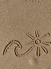 High angle view of text on beach