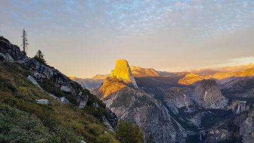 Scenic view of mountains against sky during sunset