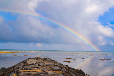 Scenic view of rainbow over sea against sky