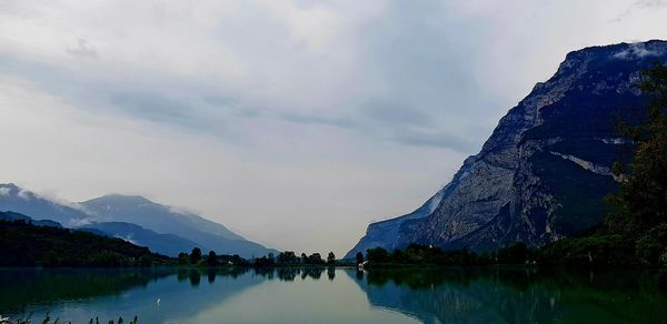 Panoramic view of lake and mountains against sky