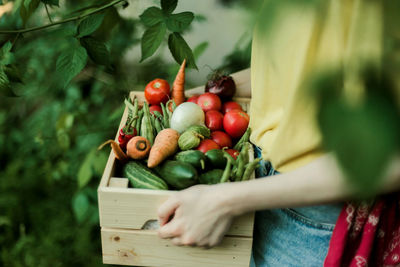 Midsection of woman holding vegetables in crate